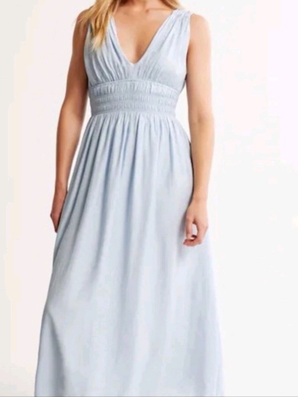 Abercrombie & Fitch Light Blue V-Neck Smocked Midi Dress